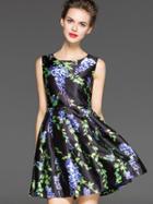 Romwe Black Round Neck Sleeveless Floral Print Dress