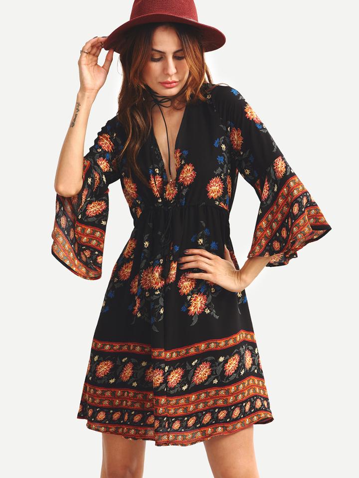 Romwe Double V-neck Bell Sleeve Multicolor Flower Print Dress