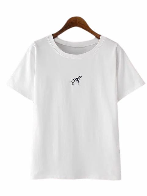 Romwe White Short Sleeve Dog Embroidery T-shirt