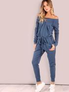 Romwe Slouchy Lace Up Cotton Jumpsuit Vintage Blue