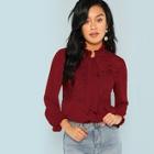 Romwe Frilled Tie Neck Lace Insert Solid Top
