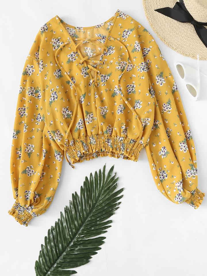 Romwe Floral Print Lantern Sleeve Lace Up Top