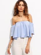Romwe Blue Off The Shoulder Bell Sleeve Crop Top