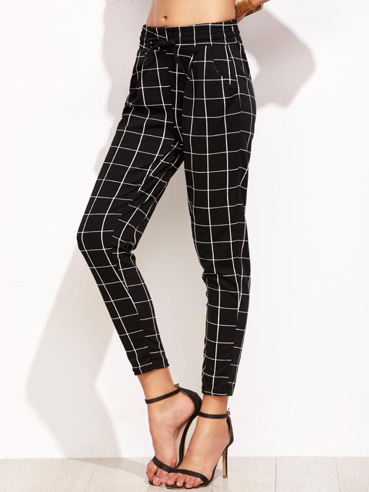 Romwe Grid Print Drawstring Peg Pants