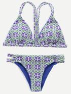 Romwe Multicolor Printed Strappy Triangle Bikini Set