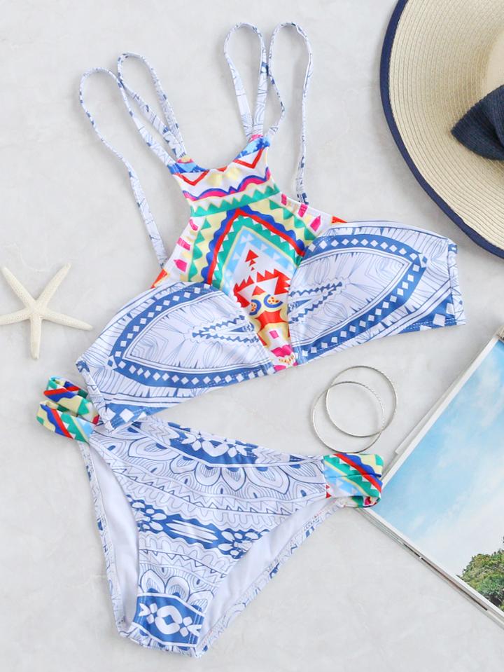 Romwe Tribal Print Strappy Bikini Set