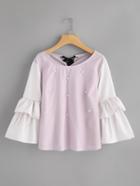 Romwe Pinstriped Frill Sleeve Tie Back Pearl Beading Blouse