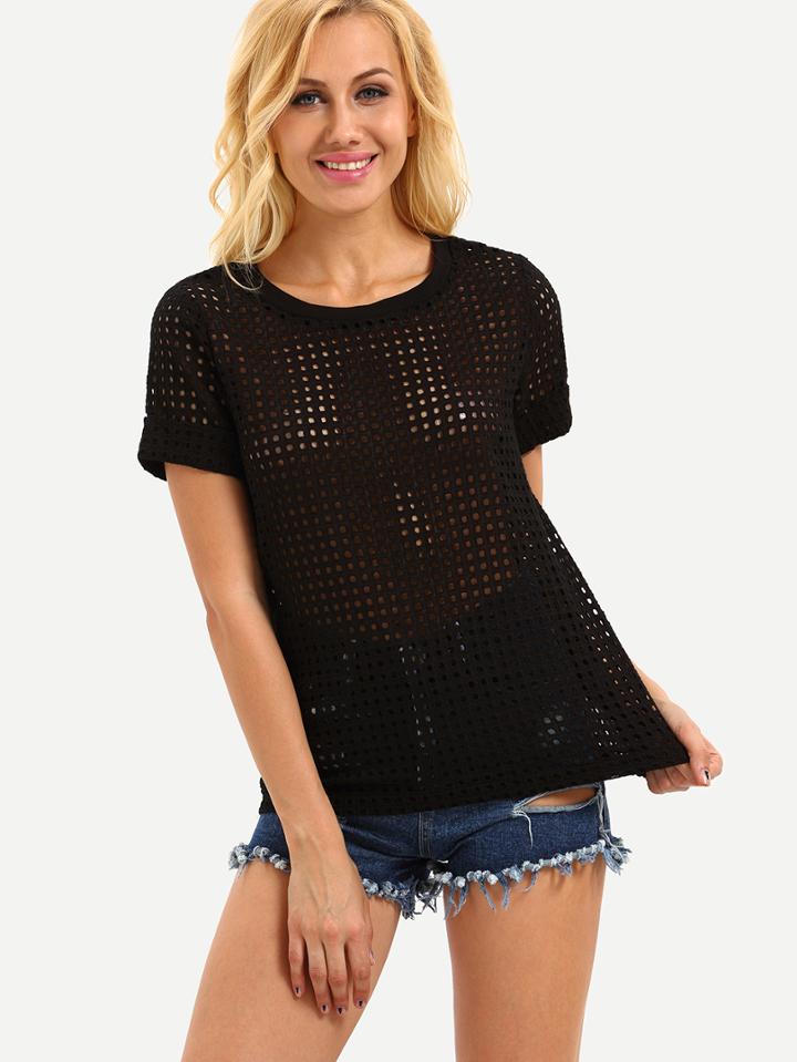 Romwe Black Hollow Overall Short Sleeve Blouse