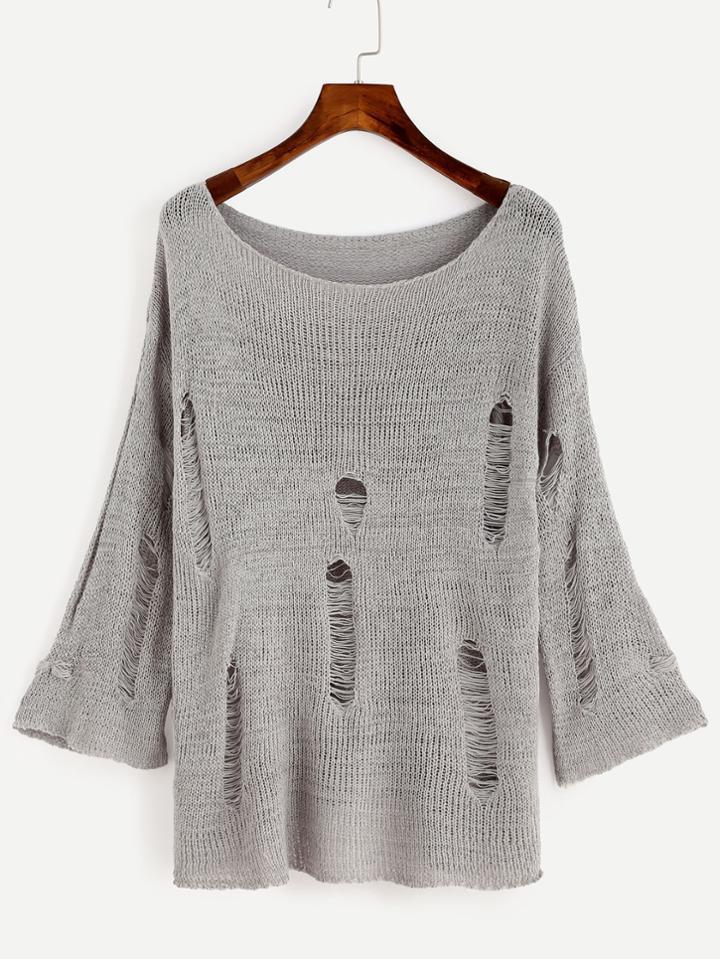 Romwe Grey Scoop Neck Ripped Sweater