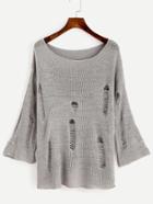 Romwe Grey Scoop Neck Ripped Sweater