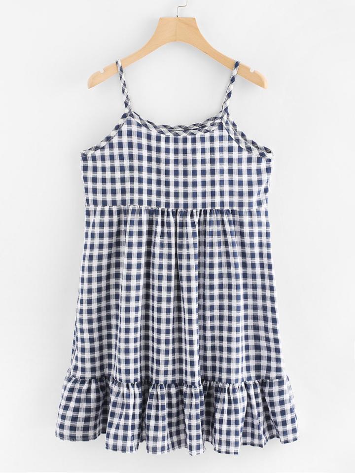 Romwe Gingham Ruffle Hem Cami Dress