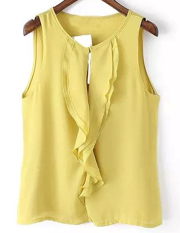 Romwe Ruffle Hollow Chiffon Yellow Tank Top