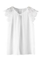 Romwe Lace Shoulder Pleated White T-shirt