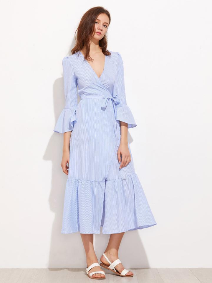 Romwe Vertical Striped Puff Sleeve Frill Dress