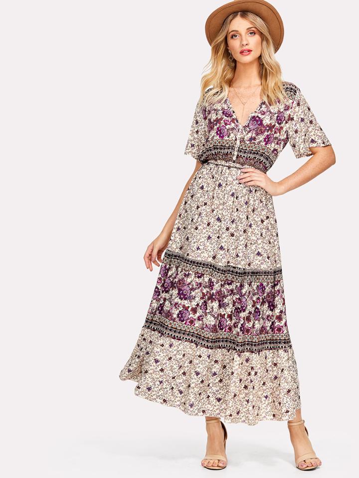 Romwe Flower Print Flutter Sleeve Dress