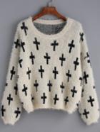Romwe Cross Print Fuzzy Loose Sweater