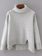 Romwe Grey Ribbed Trim Turtleneck Asymmetrical Sweater