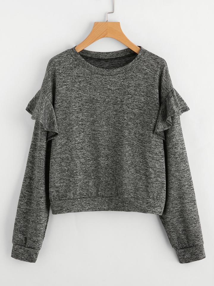 Romwe Frill Trim Sleeve Slub Sweatshirt