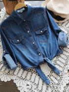 Romwe Rolled Sleeve Knot Front Denim Shirt