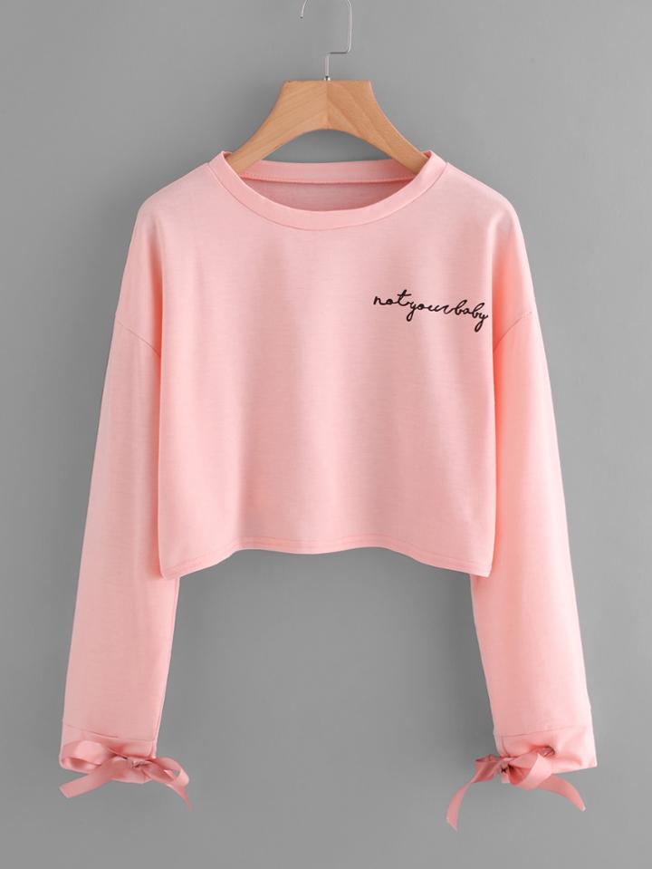 Romwe Drop Shoulder Letter Print Bow Tie Cuff Tee