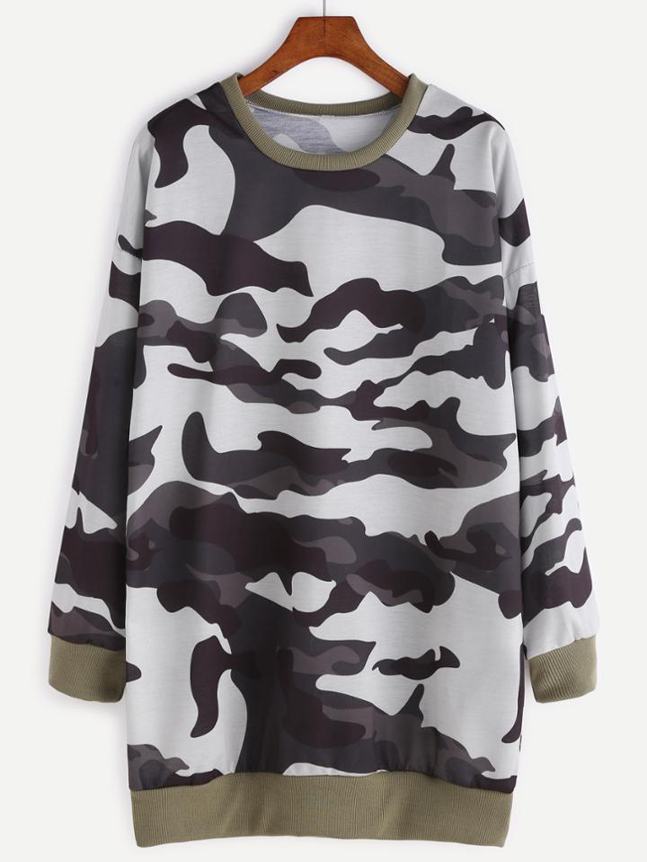 Romwe Camo Print Contrast Trim Sweatshirt Dress