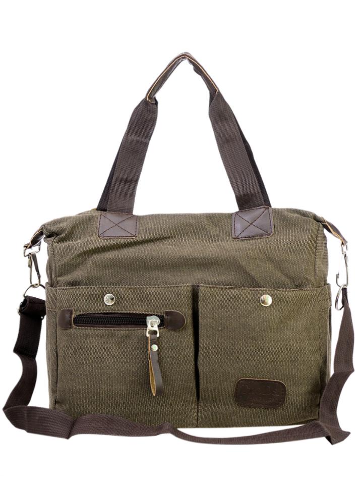 Romwe Dual Pocket Front Canvas Shoulder Bag - Brown