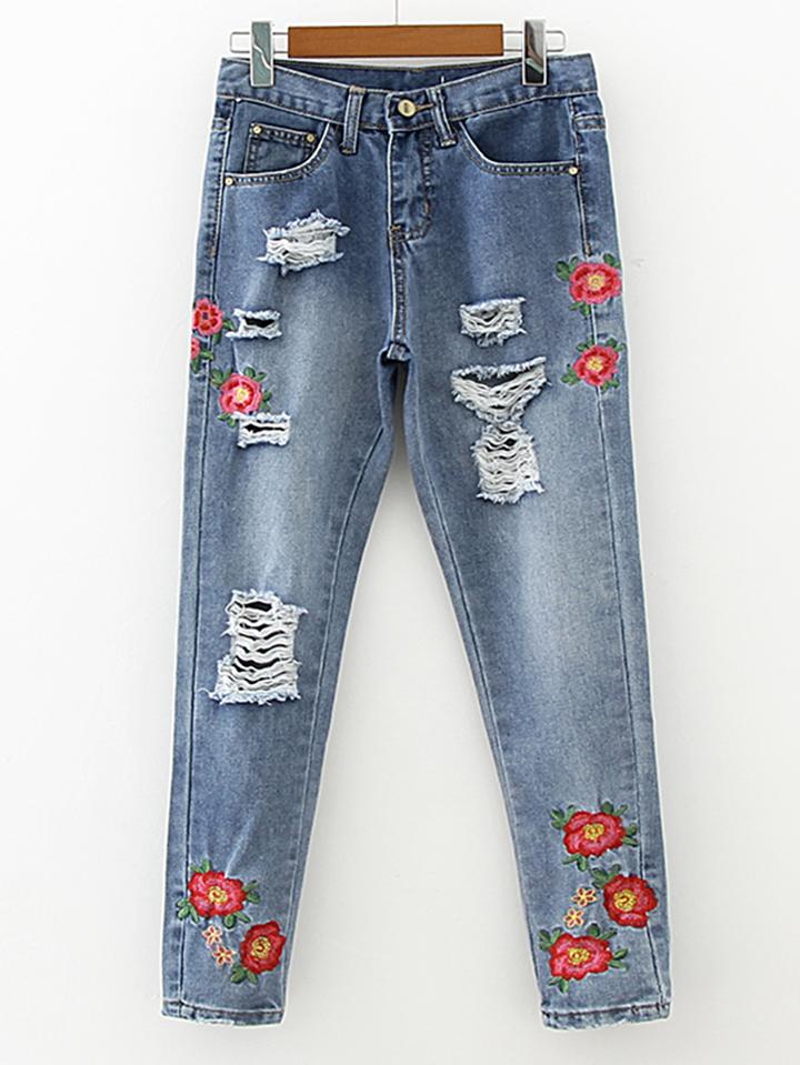Romwe Ripped Detail Embroidery Jeans