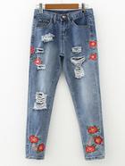 Romwe Ripped Detail Embroidery Jeans