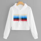 Romwe Striped And Letter Print Hooded Sweatshirt