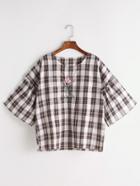 Romwe Tartan Slit Side Embroidered Top