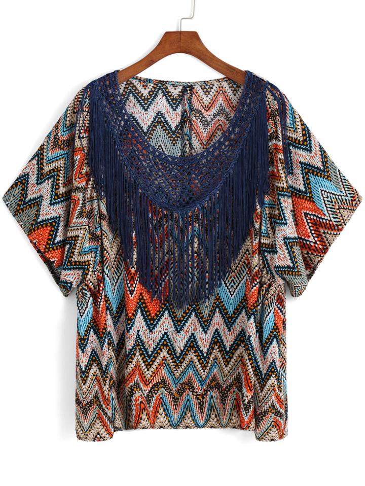 Romwe With Tassel Zigzag Print Rose Orange Top