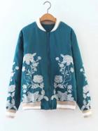 Romwe Striped Trim Floral Embroidered Jacket