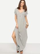 Romwe Grey Rolled-cuff Pockets Split Maxi Dress