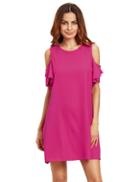 Romwe Hot Pink Cold Shoulder Ruffle Sleeves Shift Dress