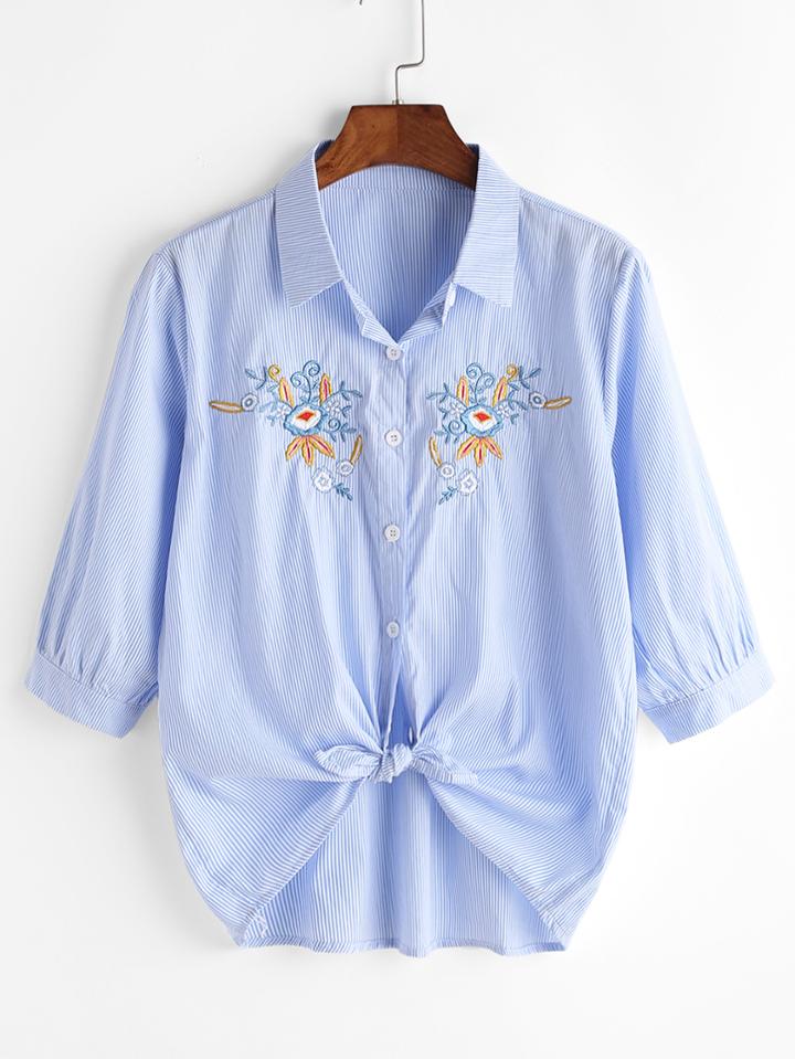 Romwe Pinstripe Knot Front Dip Hem Shirt
