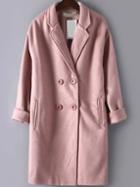 Romwe Lapel Double Breasted Long Pink Coat