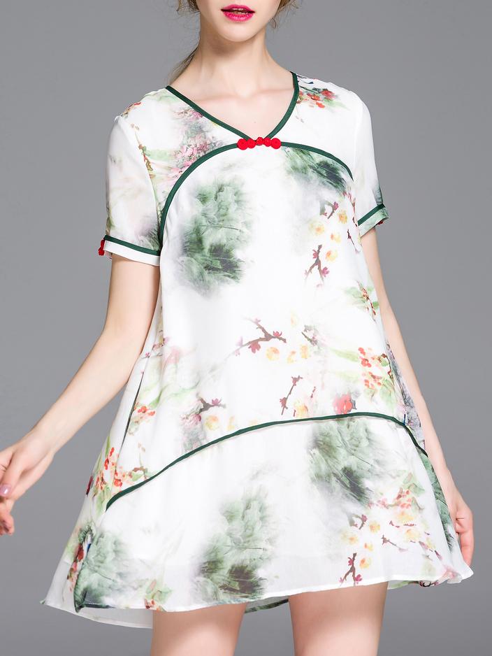 Romwe White V Neck Ink Print Dress