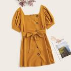 Romwe Button Front Puff Sleeve Dress With Belt