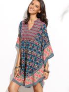 Romwe Multicolor V Neck Batwing Sleeve Vintage Dress