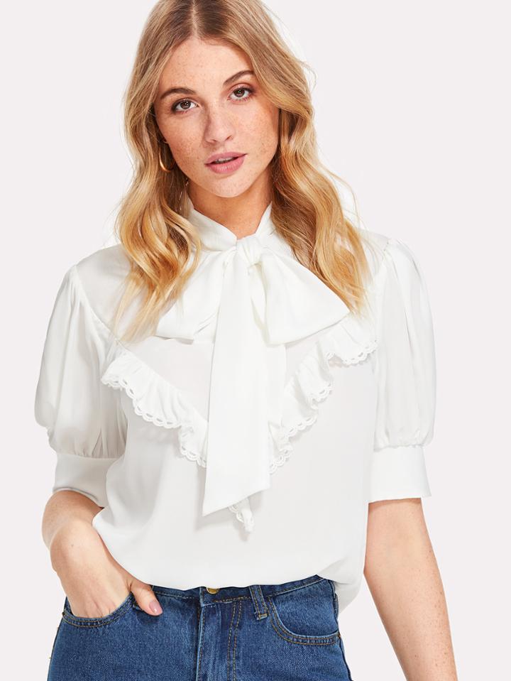 Romwe Ruffle Embellished Tied Neck Blouse