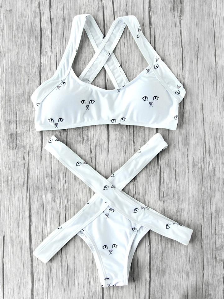 Romwe Cat Eye Print Side Cutout Bikini Set
