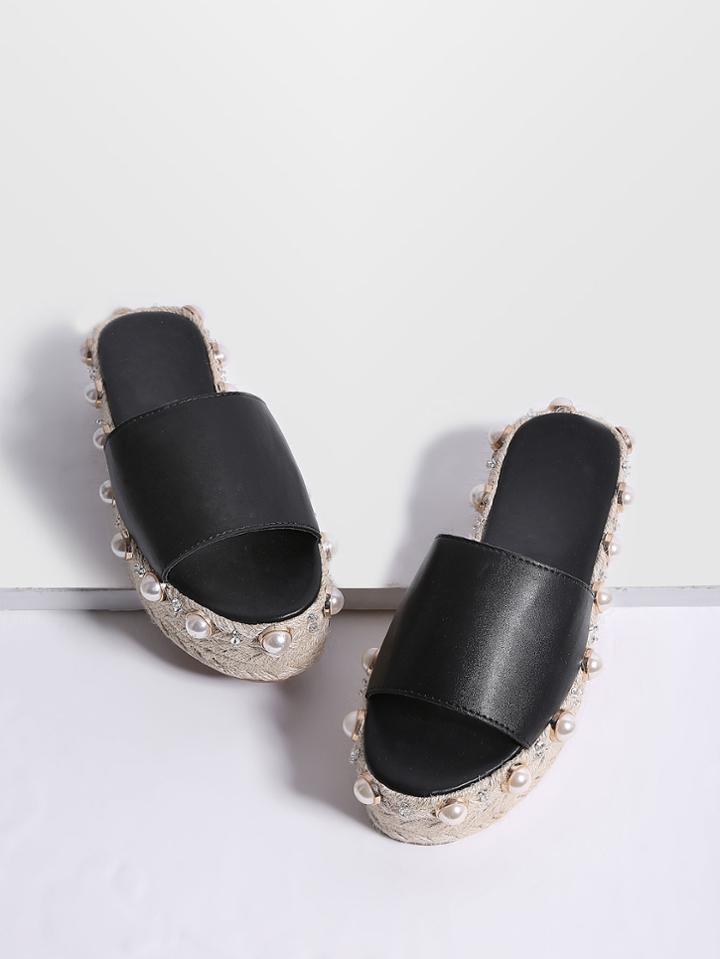 Romwe Black Faux Pearl Espadrille Flatform Pu Slippers