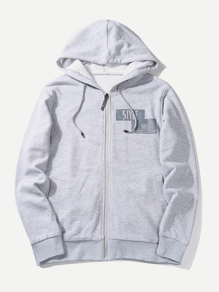 Romwe Men Letter Print Hoodie Zipper Coat