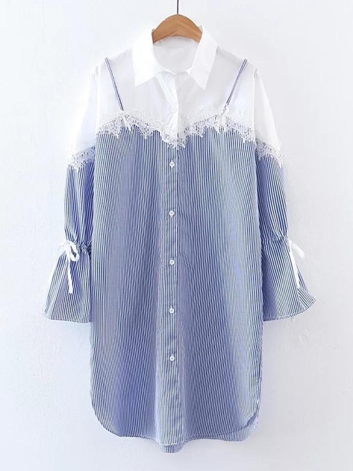 Romwe Contrast Lace Tie Cuff Shirt Dress