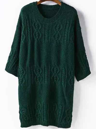 Romwe Cable Knit Split Side Long Dark Green Sweater