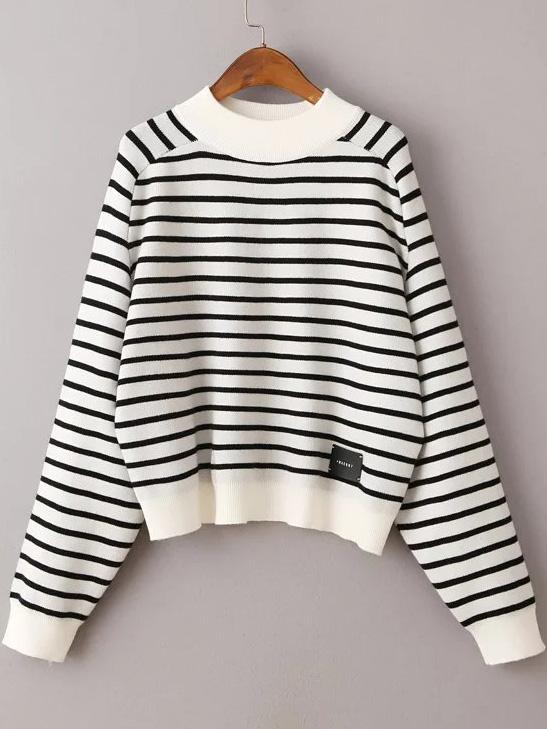 Romwe White Striped Crew Neck Batwing Sleeve Sweater