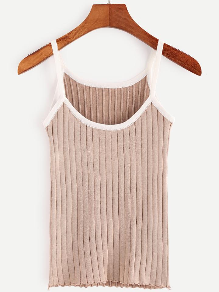 Romwe Khaki Contrast Trim Ribbed Knit Cami Top