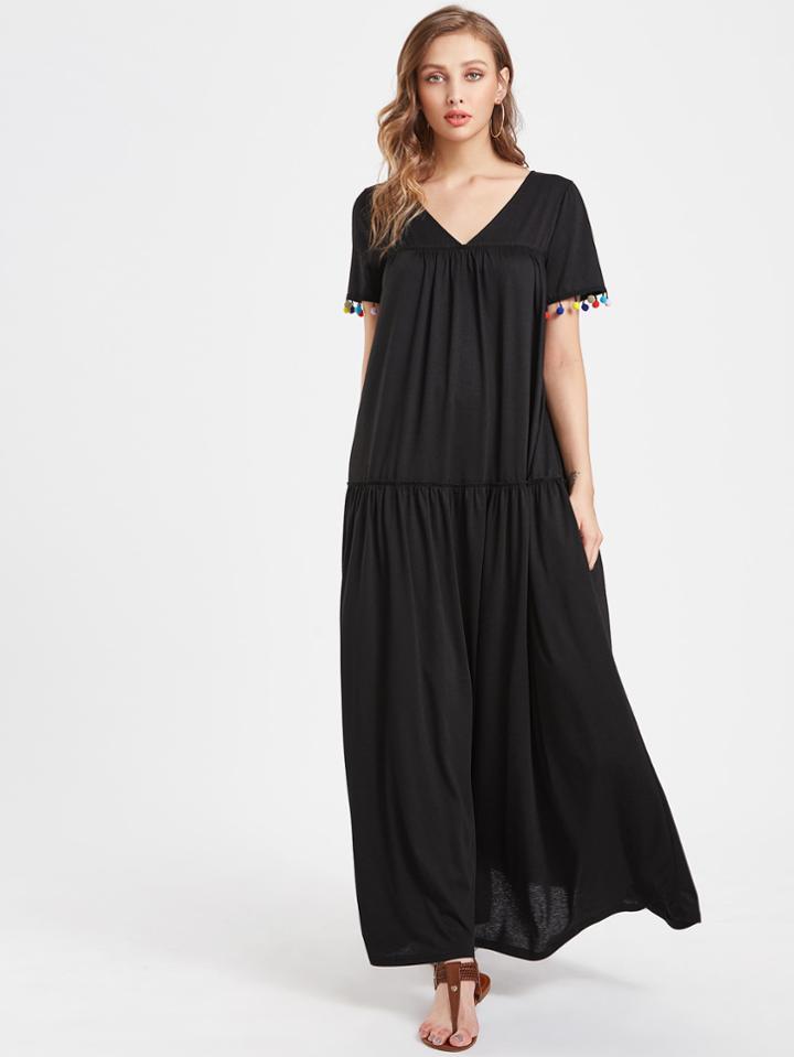 Romwe V Neckline Pom Pom Full Length Dress