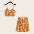 Romwe Tartan Plaid Cami Top With Wrap Skirt
