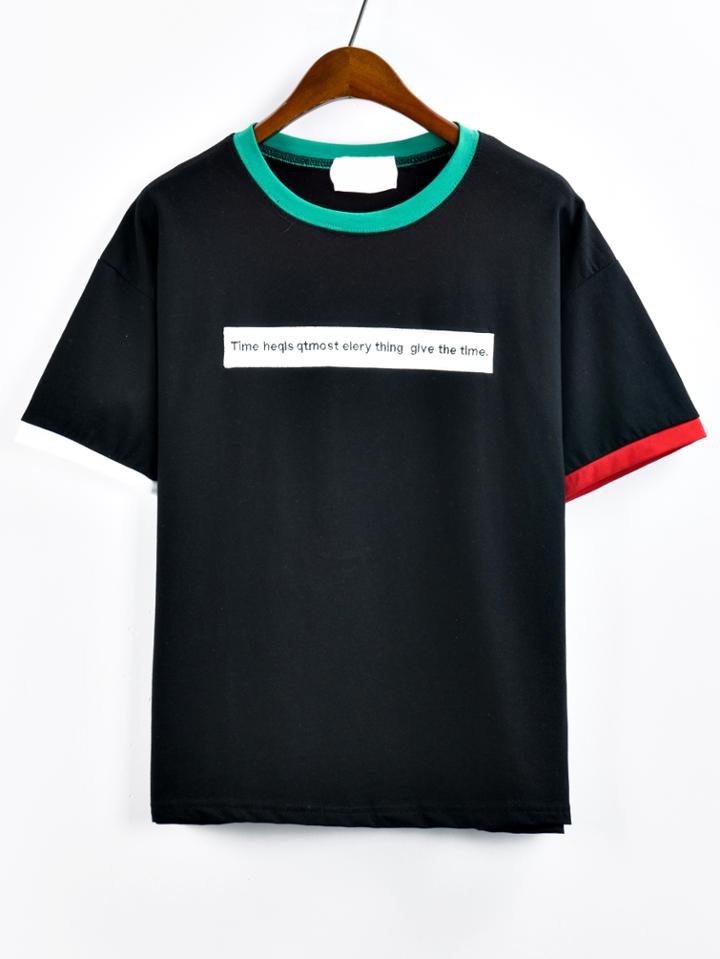 Romwe Contrast Trim Letter Embroidered Patch T-shirt - Black